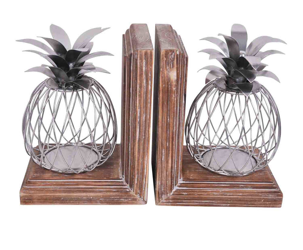 Metallic Leafy Pineapples Bookends, Set Of 2, Silver