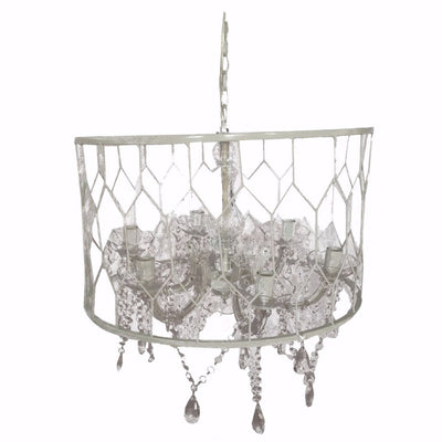 Drum shaped Chandelier With Hanging Crystals, White