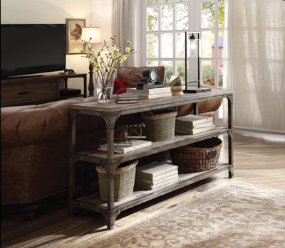 Console Table With 2  Shelves, Weathered Oak & Antique Silver