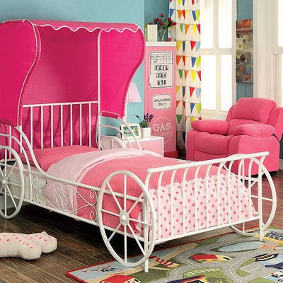 Twin Size Metal Carriage Bed With Pink Wingback Tent, White