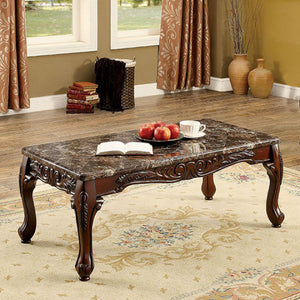 Traditional Style Wooden Table With Marble Top, Brown