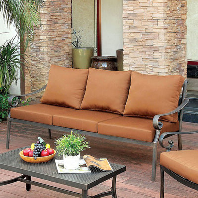 Contemporary Patio Sofa, Brown Color Cushion, Black Finish