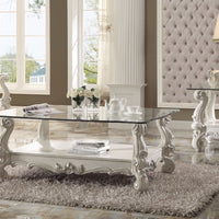 Traditional Style Wooden Coffee Table with Beveled Edge Glass Top, White and Clear