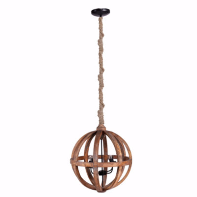 Wood Cutout Sphere Chandelier With Rope Hanger, Brown