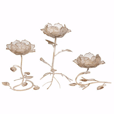 Metallic Lotus Flower Design Candle Holders, Set of 3, White