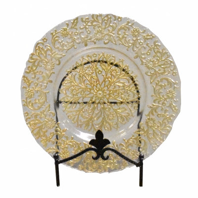 Impeccable Glass Charger Plates With Floral Patten, Clear And Gold