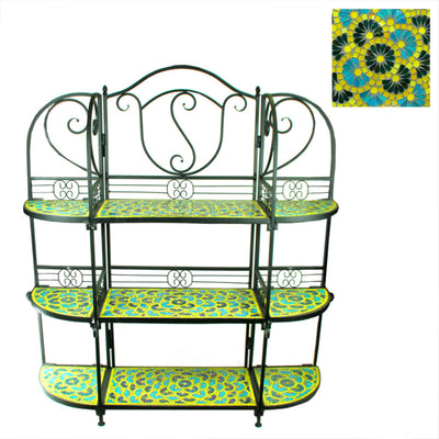 Elegant And Stylish 3Tiers Metal Planter Stand With Mosaic Pattern, Blue And Yellow