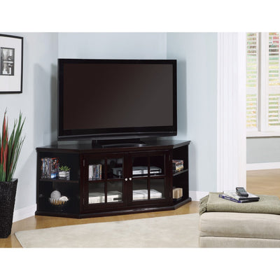 Corner Transitional TV Console  with Glass Doors, Brown
