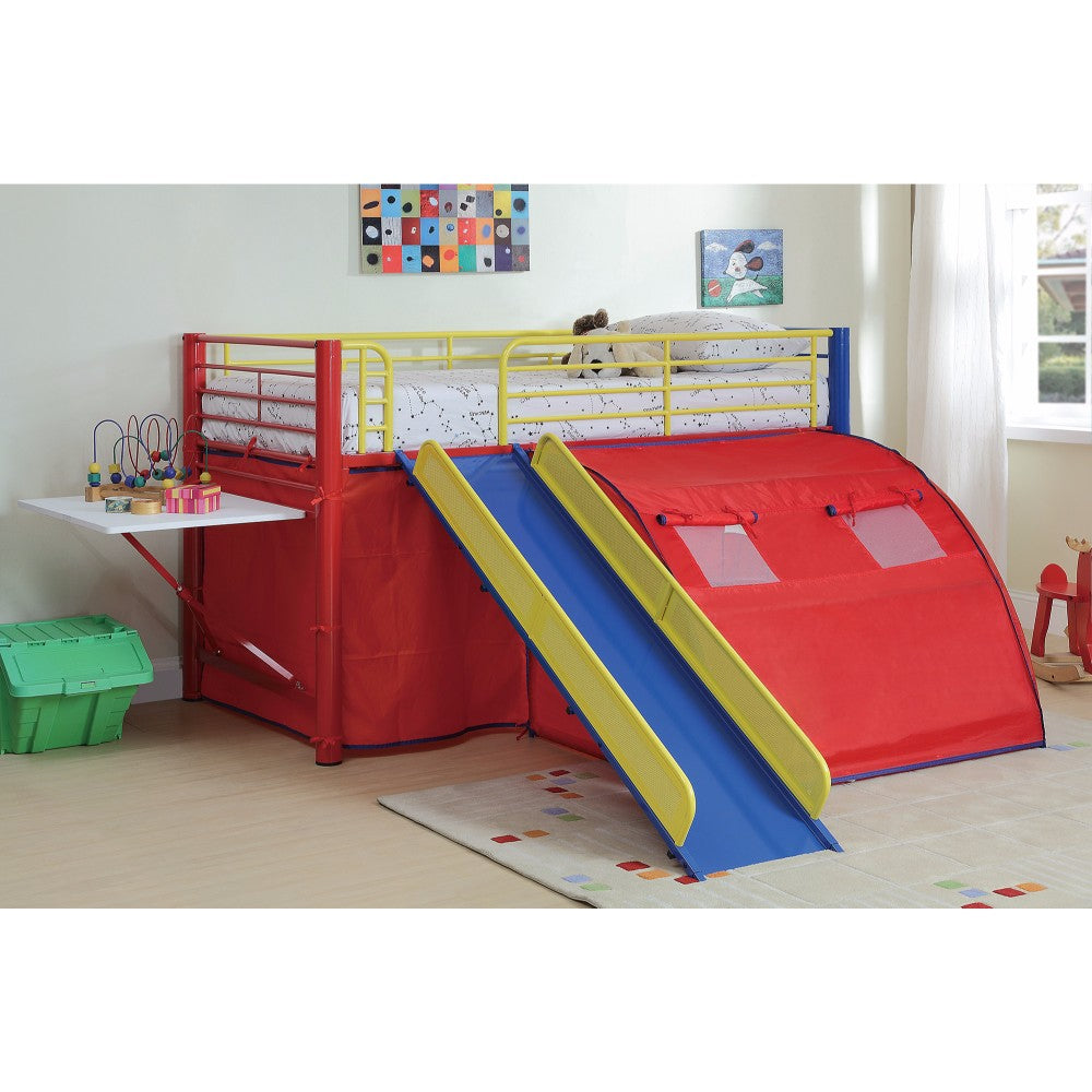 Lofted Bunk Bed with Slide and Tent, Multicolor