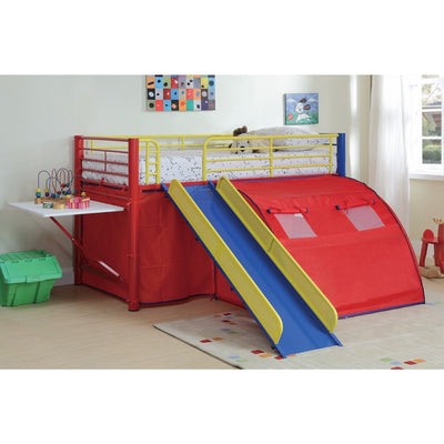 Lofted Bunk Bed with Slide and Tent, Multicolor