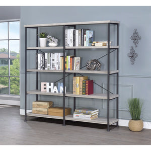 Contemporary Style Wood and Metal Open Bookcase, Gray