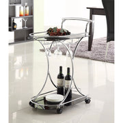 Dazzling Serving Cart With 2 Black Glass Shelves, Silver
