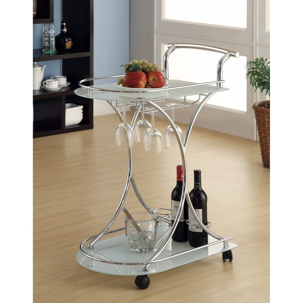 Captivating Serving Cart With 2 Frosted Glass Shelves, Silver