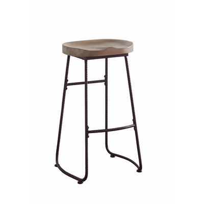 Antique Wood And Metal Bar Stool with Saddle Seat, Brown And Black