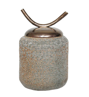 Porcelain Covered Jar With Ox Horn Lid Decor, Bronze And Gray