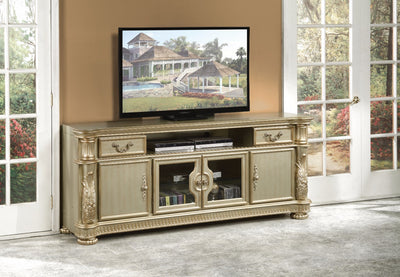 Alluring TV Stand, Gold Patina & Bone