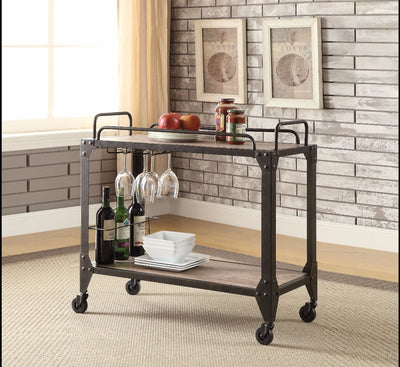 Metal and Wood Serving Cart, Rustic Oak & Black