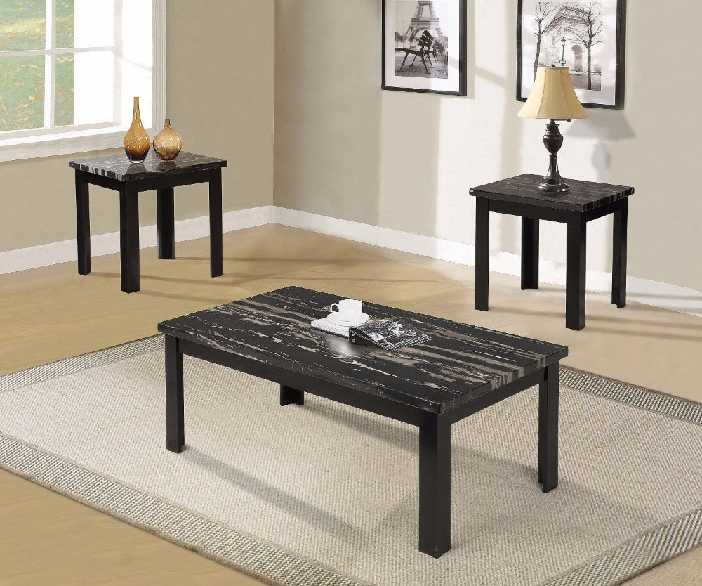 Coffee-End Table Set, Faux Marble & Black - Pack of 3 Pieces