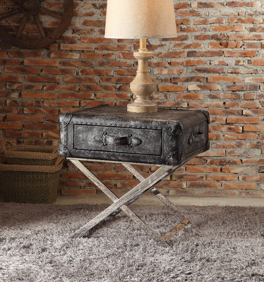 End Table, Vintage Black Top Grain Leather