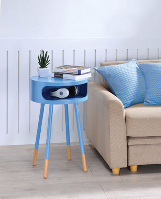 Round End Table, Light Blue & Natural