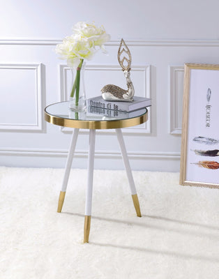 RoundEnd Table, Mirror-Antique Brass & White
