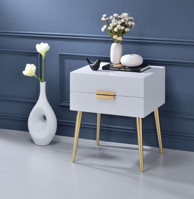 Square End Table with Drawers, White & Gold