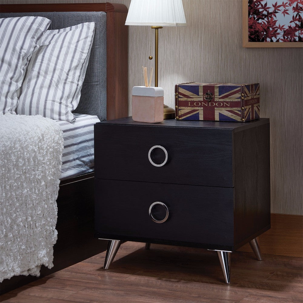 Contemporary Style Wood & Metal Nightstand, Black & Chrome