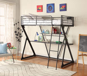 Metal Twin Loft Bed With Desk & Bookshelf, Sandy Black