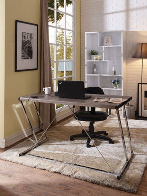 Metal Rectangular Writing Desk With USB Dock, Oak Brown & Silver