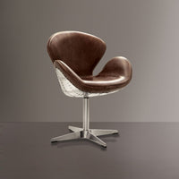 Top Grain Leather Accent Chair with Swivel, Brown & Silver