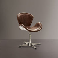 Retro Top Grain Leather Accent Chair with Swivel, Brown & Silver