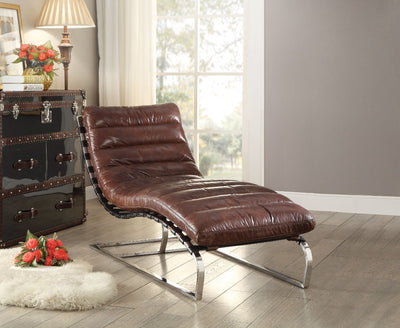 Top Grain Leather Chaise, Vintage Dark Brown & Stainless Steel