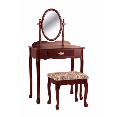 Vanity Table And Stool Set With Oval Mirror, Cherry Brown