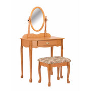 Vanity Table And Stool Set With Oval Mirror, Oak Brown