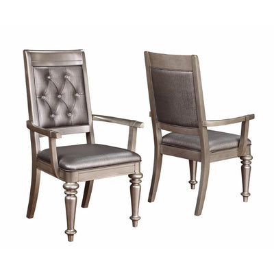 Wooden Dining Side Arm Chair With Tufted Back, Gray & Silver, Set of 2