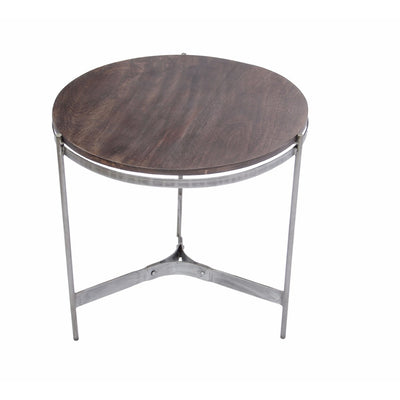 Round Metal End Table With Three Legs, Brownn And Silver