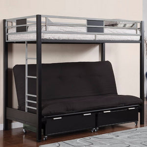 Metal Twin Bunk Bed With Futon Base, Silver and Black