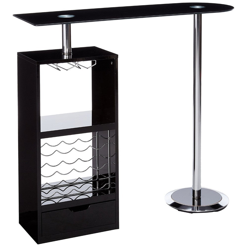 Metal Based Modern Bar Table with 12 bottles rack, Black and Chrome