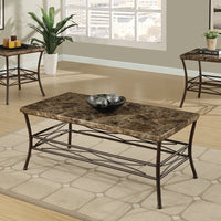Faux Marble Top 3 Pieces Coffee End Table Set In Brown