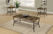 Faux Marble Top 3 Pieces Coffee End Table Set In Brown