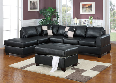 Bonded Leather 3 Piece Sectional Sofa With Ottoman In Black
