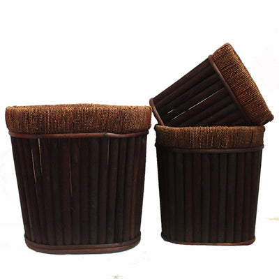 Traditional Style Oval Willow Planter, Dark Brown, Set Of 3
