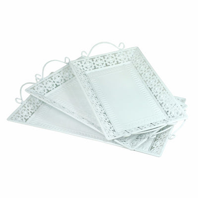 Decorative Metal Tray With Handle, Set Of 3, White