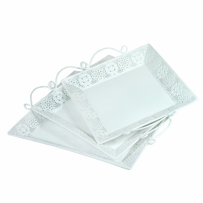 Beautifully Designed Metal Tray With Handle, Set Of 3, White