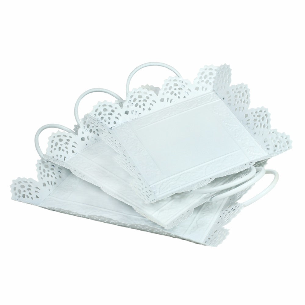 Sophisticated Metal Tray With Cutout Design, Set Of 3, White