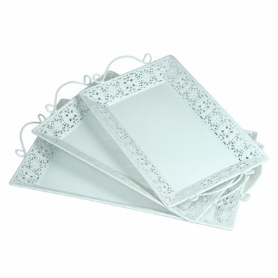 Rectangular Metal Tray With Handle, Set Of 3, White