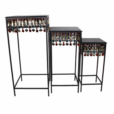 Embellishing Squared Metallic Accent Table Set , Black, Set Of 3