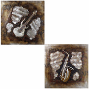Guitar Oil Painting,Brown,Set Of Two