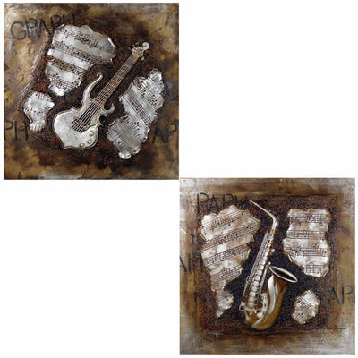 Guitar Oil Painting,Brown,Set Of Two