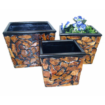 Set Of 3 Sturdy Wooden Planter, Brown And Black